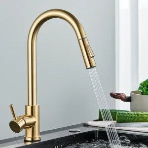 Quyanre Brushed Gold Kitchen Faucet Pull Out Sink Mixer Tap 360° Swivel Single Handle Kitchen Sprayer