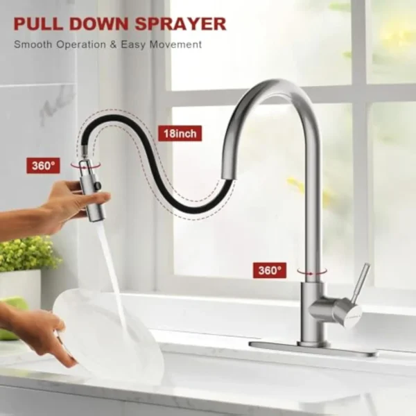 Brushed Nickel Kitchen Faucet Pull Down Sprayer High Arc Single Handle Kitchen Sink Tap 1 or 3 Hole Install - Image 4