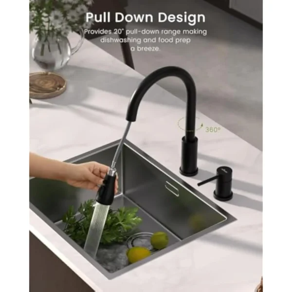 Matte Black Kitchen Faucet 2 Hole Design with Pull Down Sprayer 3 Mode High Arc Kitchen Sink Tap - Image 4
