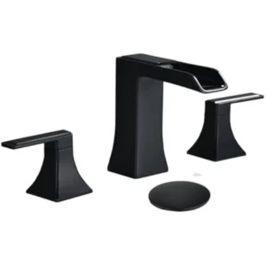 Matte Black Bathroom Sink Faucet 3 Hole Widespread Waterfall Vanity Faucet with Two Handles and Pop Up Drain