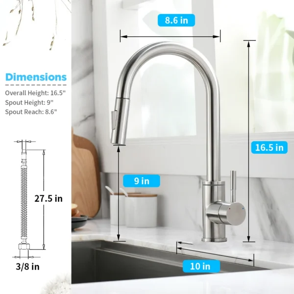 Brushed Nickel LED Kitchen Faucet Single Hole Pull Out Spout Mixer Tap with Sprayer Stream Black Sink Tap - Image 6